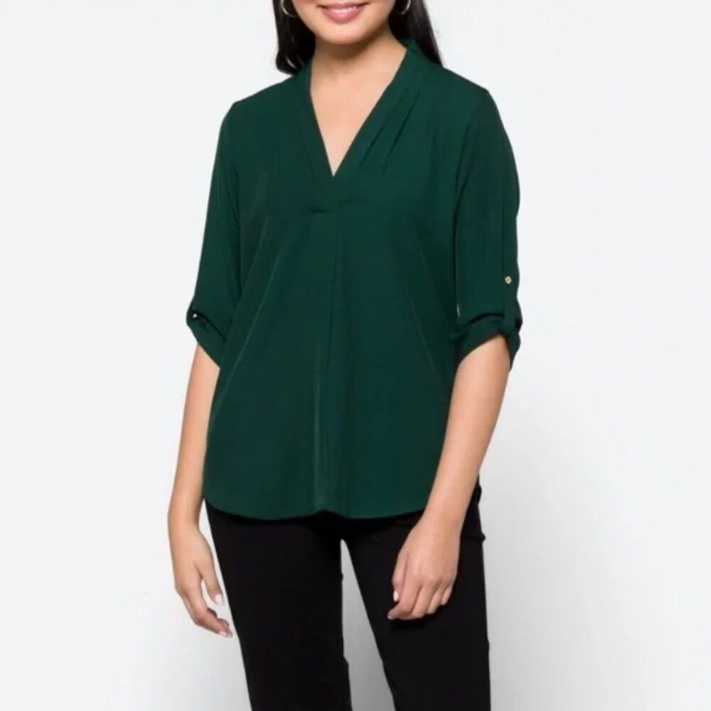 NWT! Calvin Klein Hunter Green Blouse with rolled sleeves